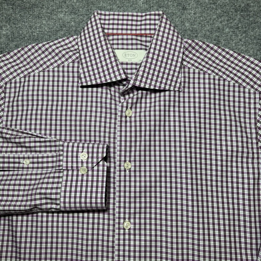 Eton Dress Shirt Men's 39 15.5‎ Purple Gingham Plaid Check Button Up EUC